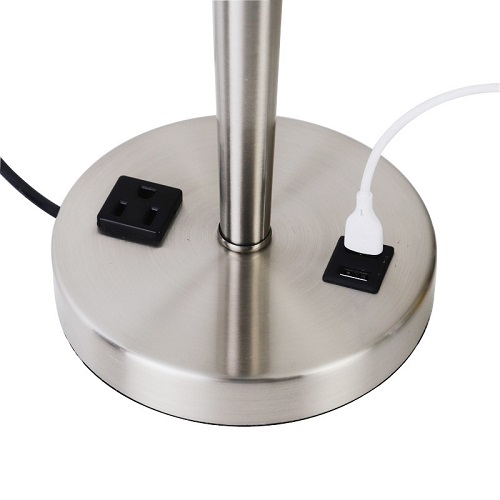 Brushed Nickel Table Lamp with USB and Outlet